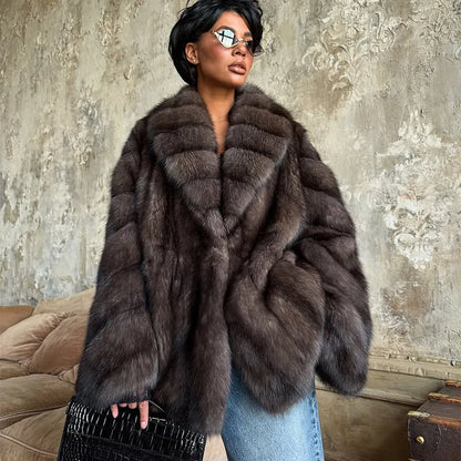 Women Elegant Fake Fur Coat Bell Sleeve Lapel Suede Surface Girdle Coats Unique Luxury Temperament 2025 New Winter High Street