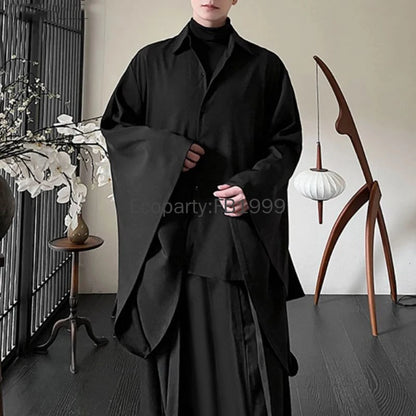 Men Chinese Style Hanfu Shirts Black Lapel Flare Long Sleeve Gothic Blouse Male Vintage Loose Leisure Shirts Harajuku Streetwear