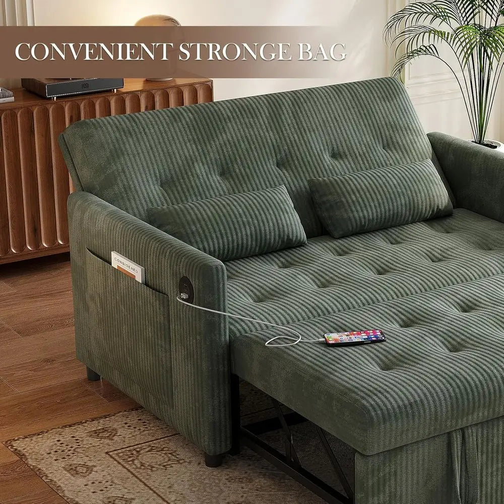 Green Corduroy 3-in-1 Sleeper Sofa with Pull-Out Bed, Storage and USB Ports for Small Living Spaces - Kimlud