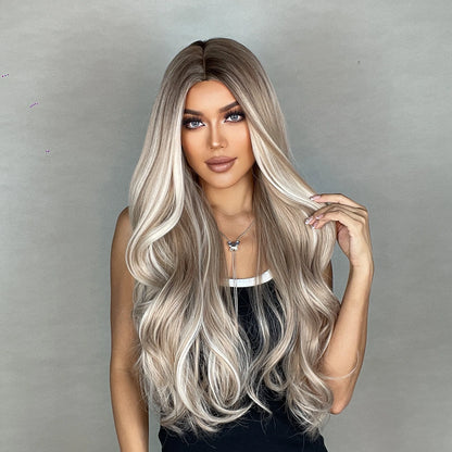 28 Inch Synthetic Women's Wig Light Brown with Highlights Long Wavy Hair Everyday Pretty Party Outfit