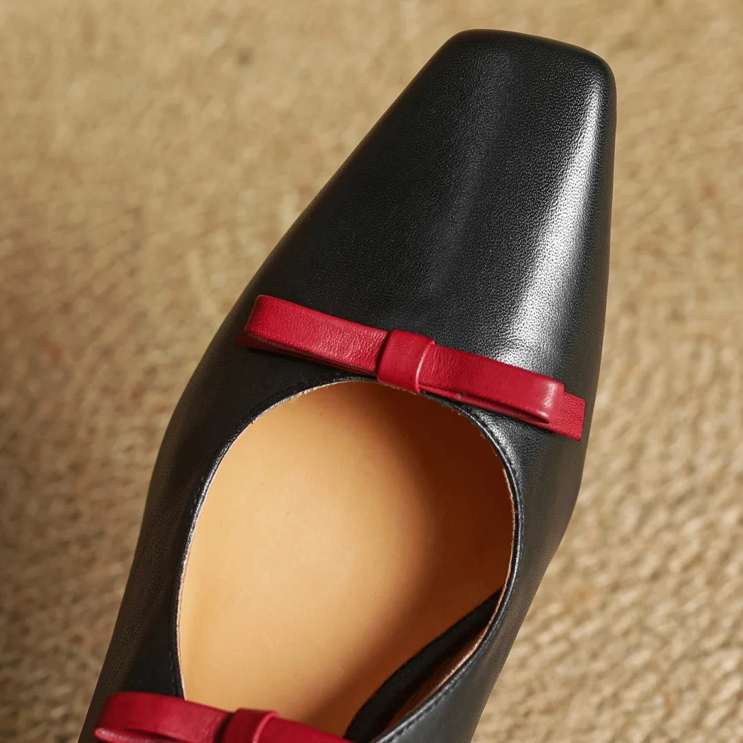 Women's cow leather double bowtie slip-on flats loafers square toe high quality female sweet daily moccasins shoes for woman hot - Kimlud