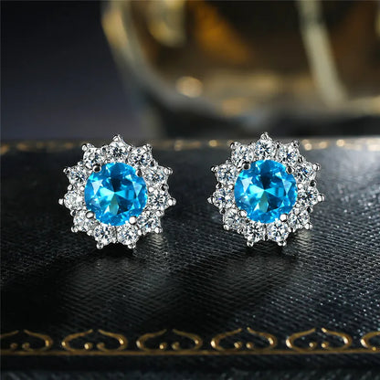 Cute Female Small Water Blue Round Earrings Crystal Stone Fashion Silver Color Wedding Jewelry For Women - Kimlud