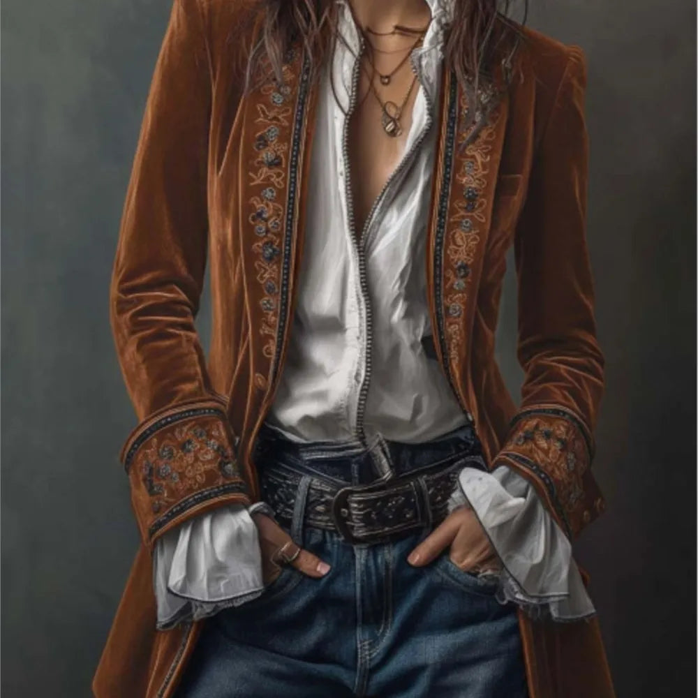 Retro Women's Jacket Loose Casual Temperament Fashion Printed Palace Style Jacket Long Sleeves Spliced gold Velvet Outerwears