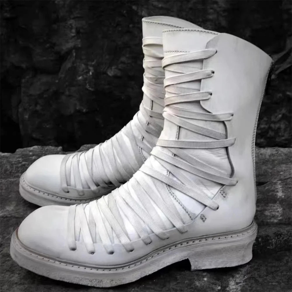 White Retro Classic Cross Strap Thick Soled High Top Boots for Men Handmade Old Motorcycle Boots Back Zipper Mid Calf Boot
