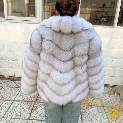 QUEENTINA Winter New Women's Real Fox Fur Coat With Collar Overcoat Leather Female Natural Plus Size