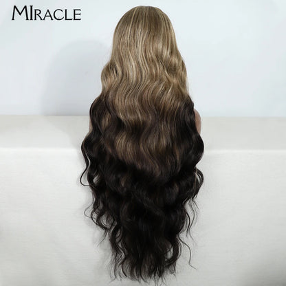 MIRACLE Synthetic 34 Inch Lace Front Wig for Women Ombre Blonde Loose Wave Wigs Famale Cosplay Wig Long Lace Wigs Wavy Fake Hair