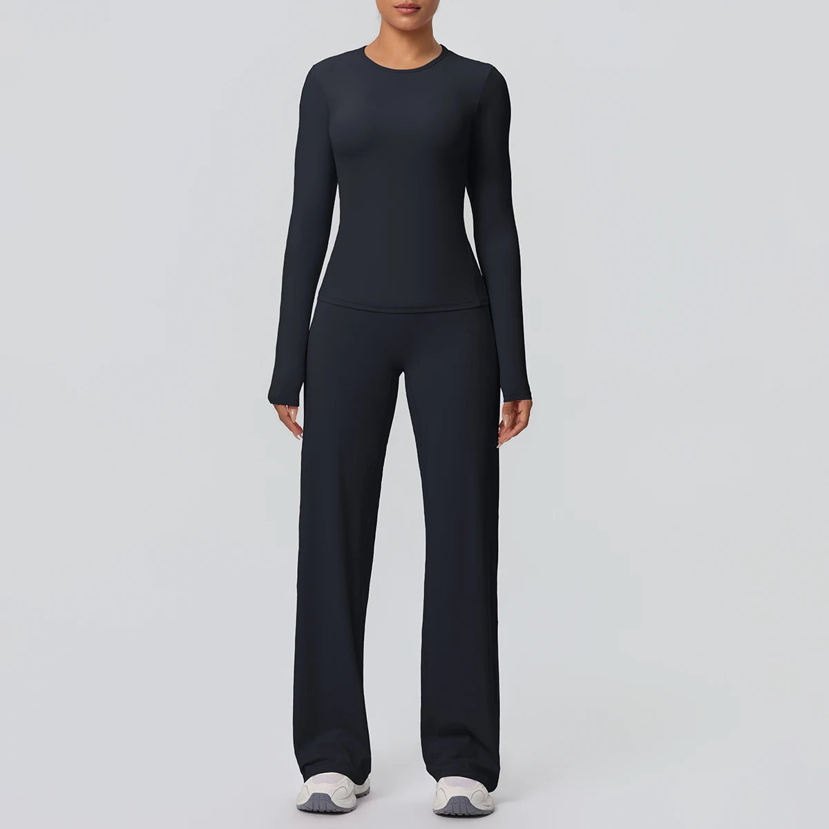 2pieces Women Gym Yoga Set Running Shirts Slim Long Sleeves Workout Top Quick Drying High Stretch Wide Leg Pants Thin Yoga Set