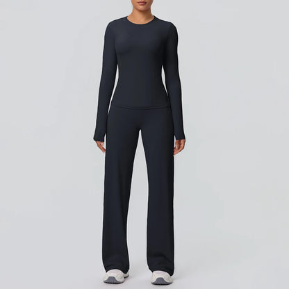 2pieces Women Gym Yoga Set Running Shirts Slim Long Sleeves Workout Top Quick Drying High Stretch Wide Leg Pants Thin Yoga Set