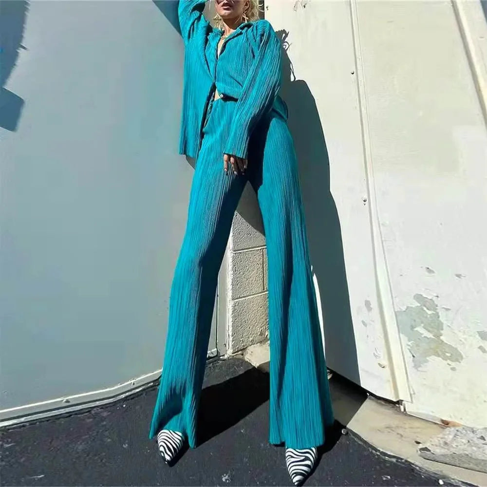 2023 Spring Summer Best Seller Solid Color Draped Loose Fit Smooth Pleated Women's Casual 2-Piece Set Stock Available