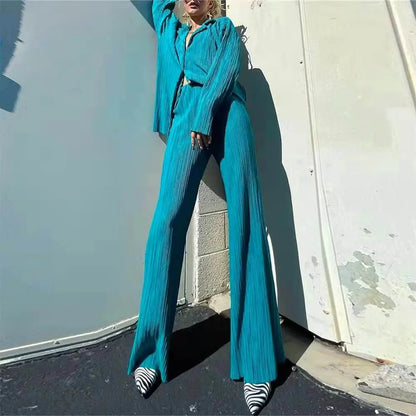 2023 Spring Summer Best Seller Solid Color Draped Loose Fit Smooth Pleated Women's Casual 2-Piece Set Stock Available