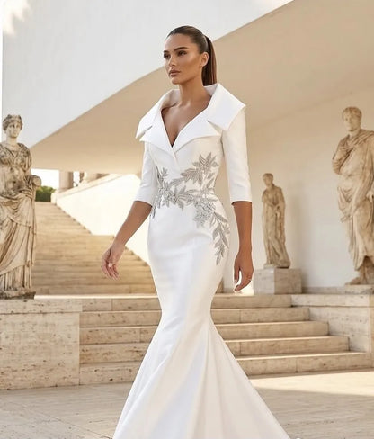 Gorgeous Dubai Prom Dress Beaded Custom Made Prom Gowns Mermaid Turn Down Collar Long Prom Dresses with Sleeves High Couture - Kimlud