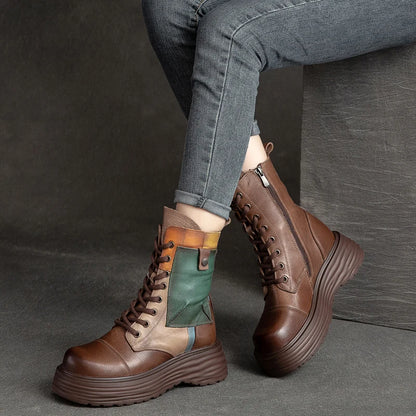 GKTINOO Handmade Boots Women Genuine Leather Round Toe Lace-up Zipper Platform Thick-soled Mid-calf Boots Retro Zapatos Mujer