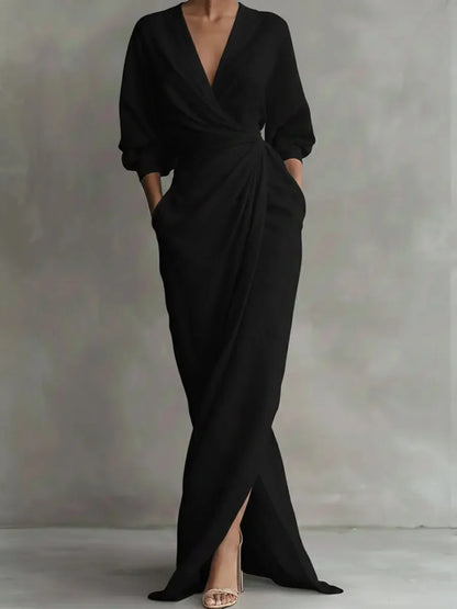 Women's Sexy Neck Waist Wrapped Robe 2026 Spring Casual Solid Color Fit Tight Dress Elegant Long Sleeved Slit Super Long...