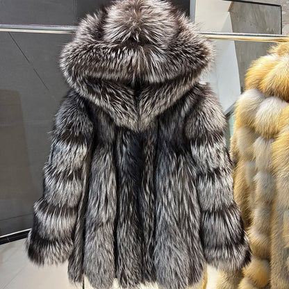 YOLOAgain Hooded Real Fox Fur Jacket Women 2025 Winter Warm Natural Fox Fur Coat Female