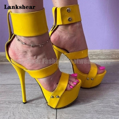 Platform Yellow Patent Leather Women Sandals Sexy Luxury High Heels Summer Designer Women Shoes Elegant Chic Sandalias...