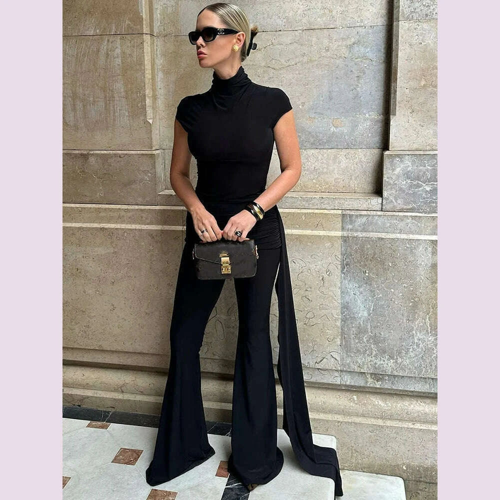 Fantoye Turtleneck Short Sleeve Ribbon Women Jumpsuit Blue Round Neck Ruched Jumpsuit Femme Spring Slim Elegant Party Streetwear