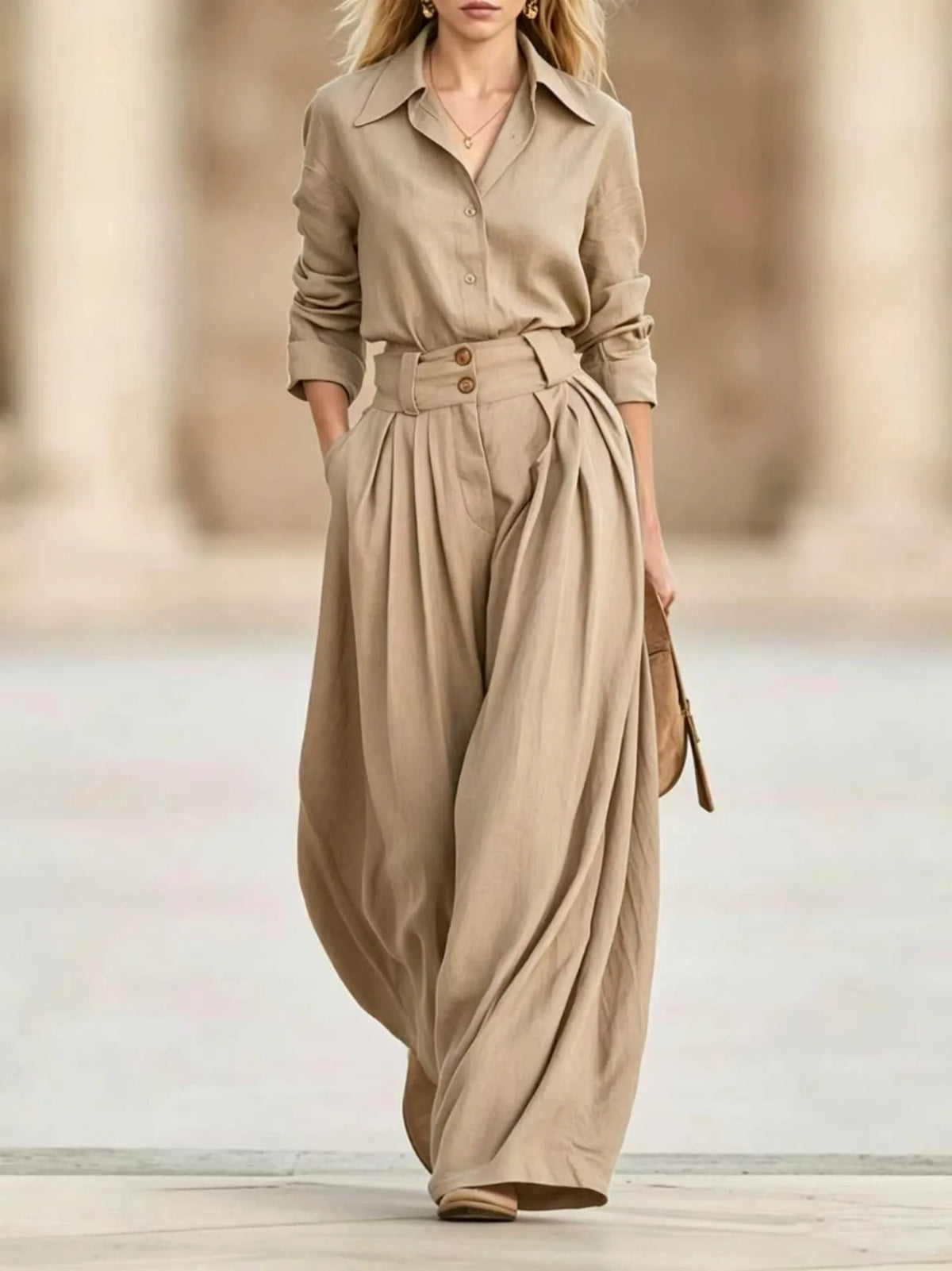 Women Solid Two Piece Outfit Autumn Lapel Long Sleeve Button Shirt + High Waist Pleated Wide Leg Pants Set Casual Office Suits