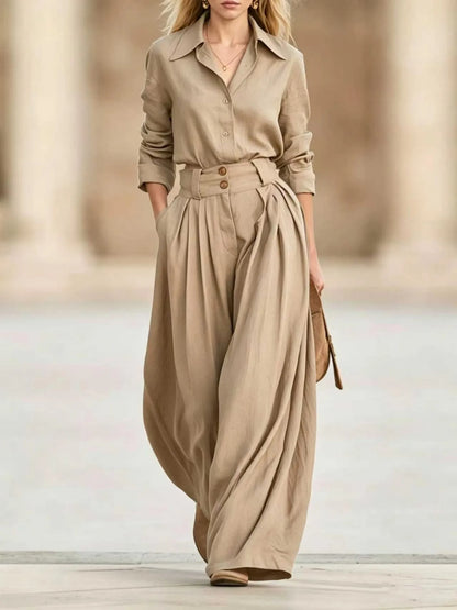 Women Solid Two Piece Outfit Autumn Lapel Long Sleeve Button Shirt + High Waist Pleated Wide Leg Pants Set Casual Office Suits