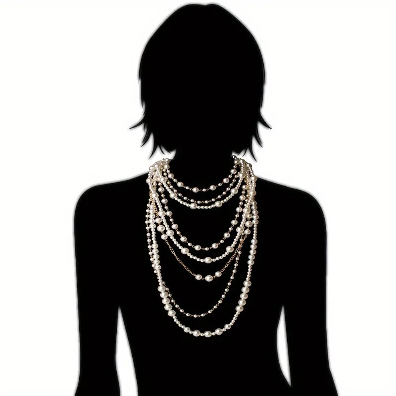 Multi-layer Simulated Pearls Chain Long Necklace Elegant Earrings Trendy Statement Choker Necklace for Women Fashion...