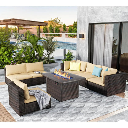 7 Pieces Outdoor Sectional Patio Furniture Set with Fire Pit Table PE Rattan Wicker Patio Sectional Conversation,...