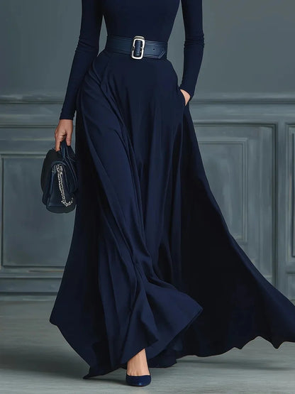 Women Elegant Turtleneck Solid With Pockets Dress Spring Autumn Fashion Slim Fit Big Swing Floor Length Evening Gown NO...