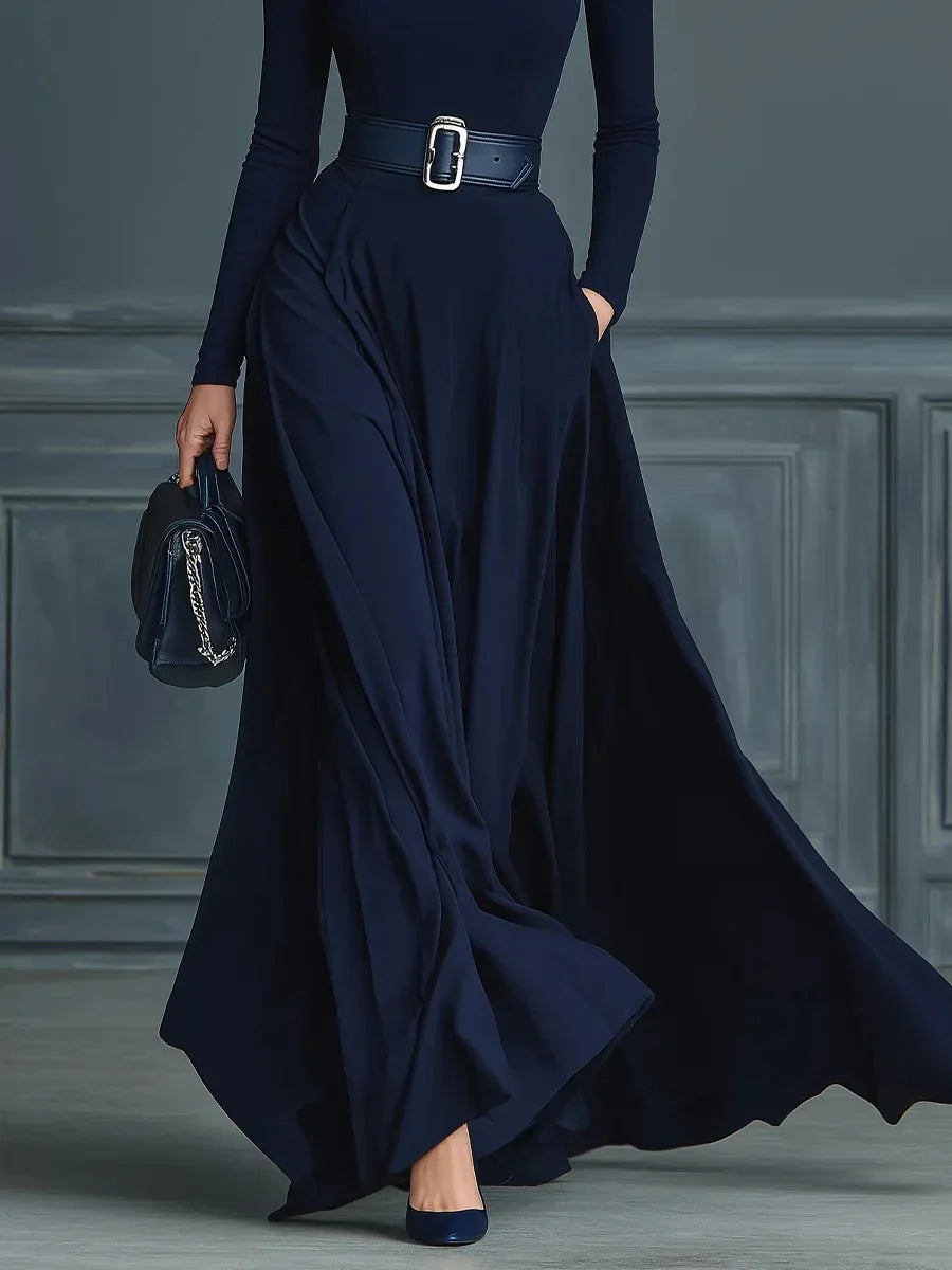 Women Elegant Turtleneck Solid With Pockets Dress Spring Autumn Fashion Slim Fit Big Swing Floor Length Evening Gown NO...
