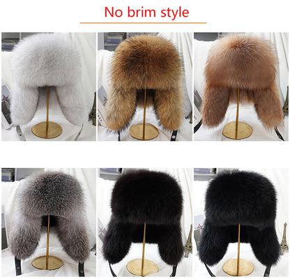New Winter Men's 100% Real Silver Fox Fur Bomber Hat Raccoon Fur Ushanka Cap Trapper Russian Man Ski Hats Caps Real Leather