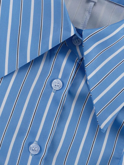 DFDG Women 2026 Spring Summer Striped Blouse Pointed Collar Long Sleeve Ruched Waist Asymmetrical Hem Elegant Office Shirt - Kimlud