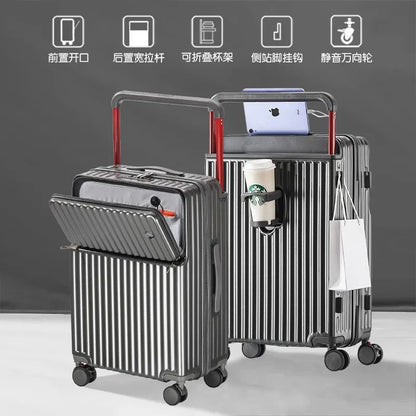 Aluminum Framed Front Open Suitcase Carry-on Bag Wide Handle Luggage Multifunctional 20/28-inch Impact Resistant Travel Bag