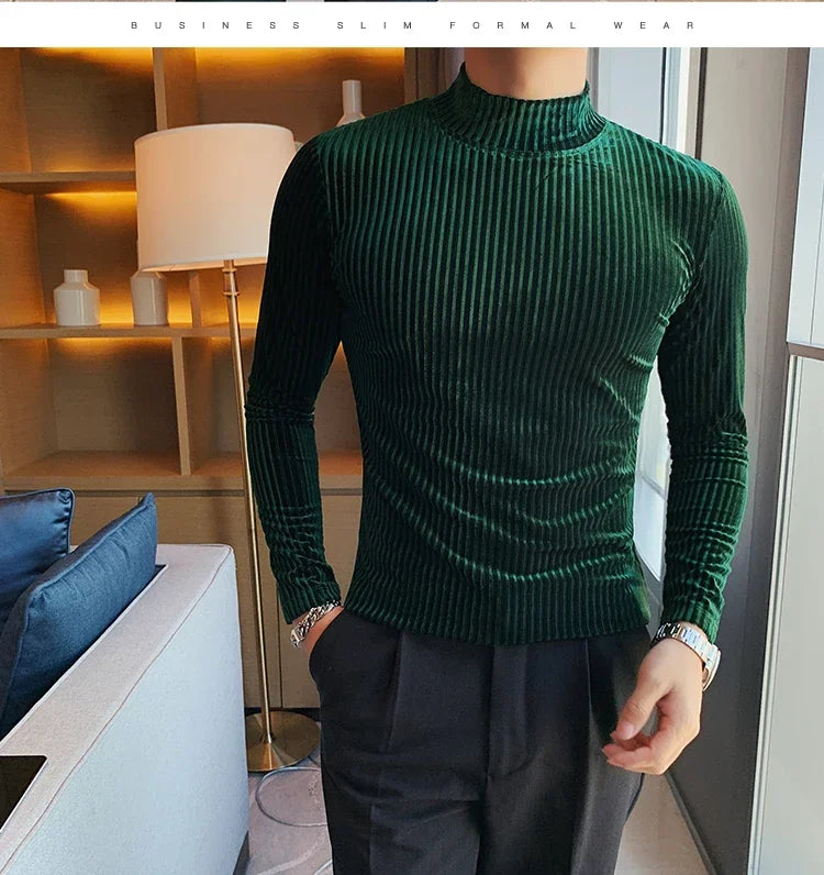 New Gold Velvet T Shirt Men Clothing Fashion Trend Male Luxury Prom Party Long-sleeved Striped Pullover Tops Homme - Kimlud