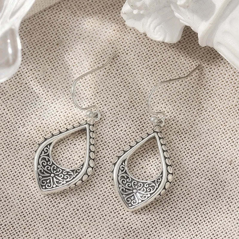 Ethnic Silver Color Dangle Women's Earrings Geometry Carving Flower Party Daily Wear