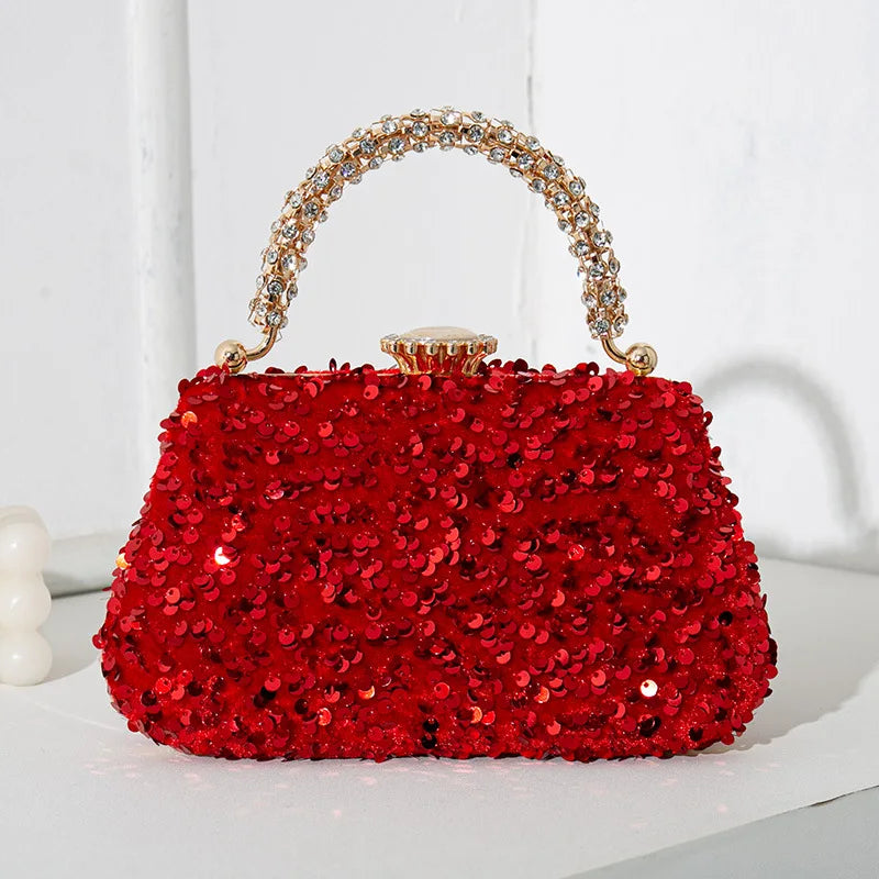 Luxury Women Shiny Sequins Evening Handbag Crystal Diamond Clutches Purse with Rhinestone Top Handle Lady Shoulder Messenger Bag - Kimlud