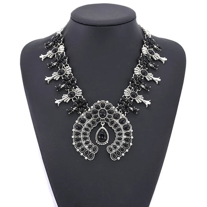 Navajo Indian Jewelry Set Costume Statement Red Turquoise Stone Resin Earrings and Western Squash Blossom Necklace for Women