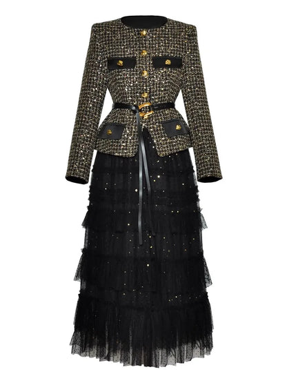 DSXDFACAIRIJ Women's Plaid Jacket And Mesh Ruffle Skirt Two Piece Set O-Neck Long Sleeve Sashes Elastic Waist Office...