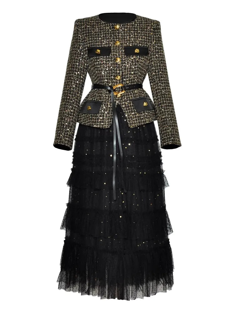 DSXDFACAIRIJ Women's Plaid Jacket And Mesh Ruffle Skirt Two Piece Set O-Neck Long Sleeve Sashes Elastic Waist Office...