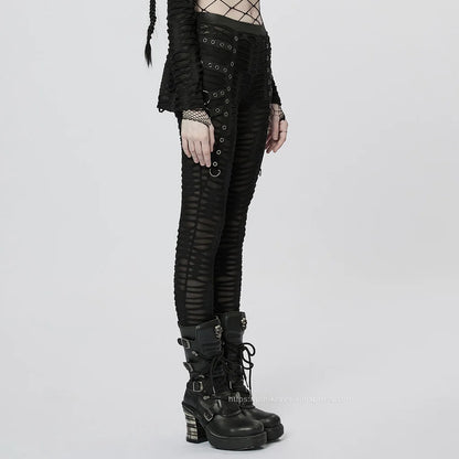 PUNK RAVE Women's Gothic Decayed Slim-fit Leggings Punk Meta Eyelets Webbing Personality Thin Black Pants Spring/summer