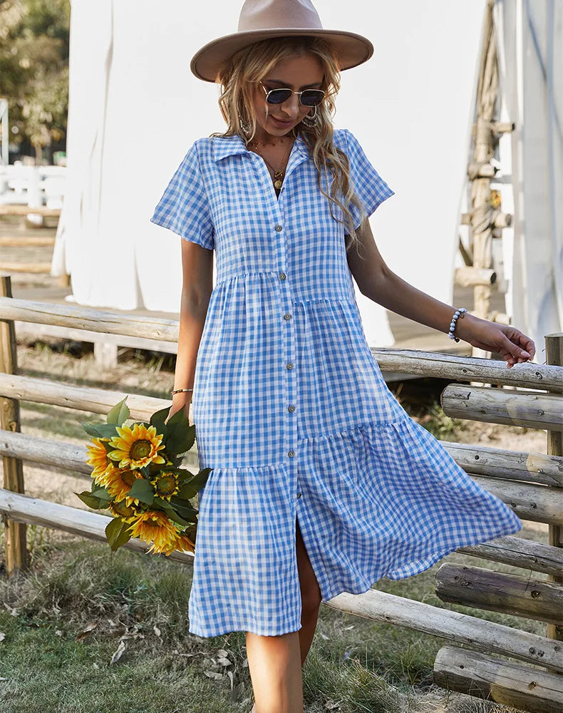 2026 Women's Checkered Short-Sleeve Shirtdress Single-breasted Button-down Short-sleeved Dress Casual Country-style Long...