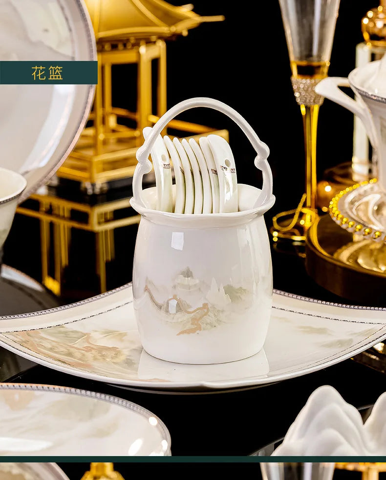Jingdezhen dish set housewarming tableware set bowl and plate ceramic tableware set light luxury plate bowl | Kimlud...
