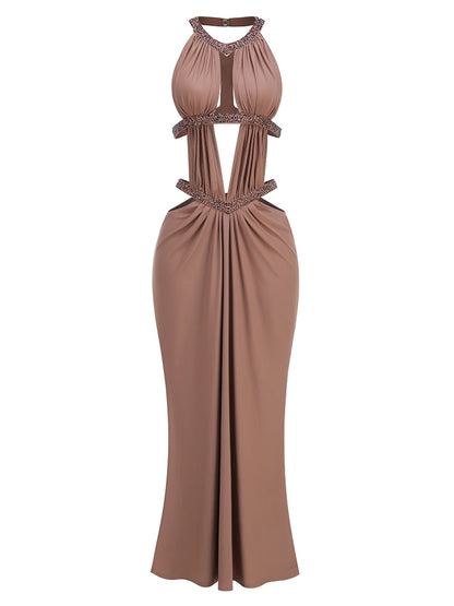 Sexy Straps Halter Neck Diamonds Cut Out Long Dress Women Browns Sleeveless Backless Slim Dresses Evening Party Cocktail Gowns