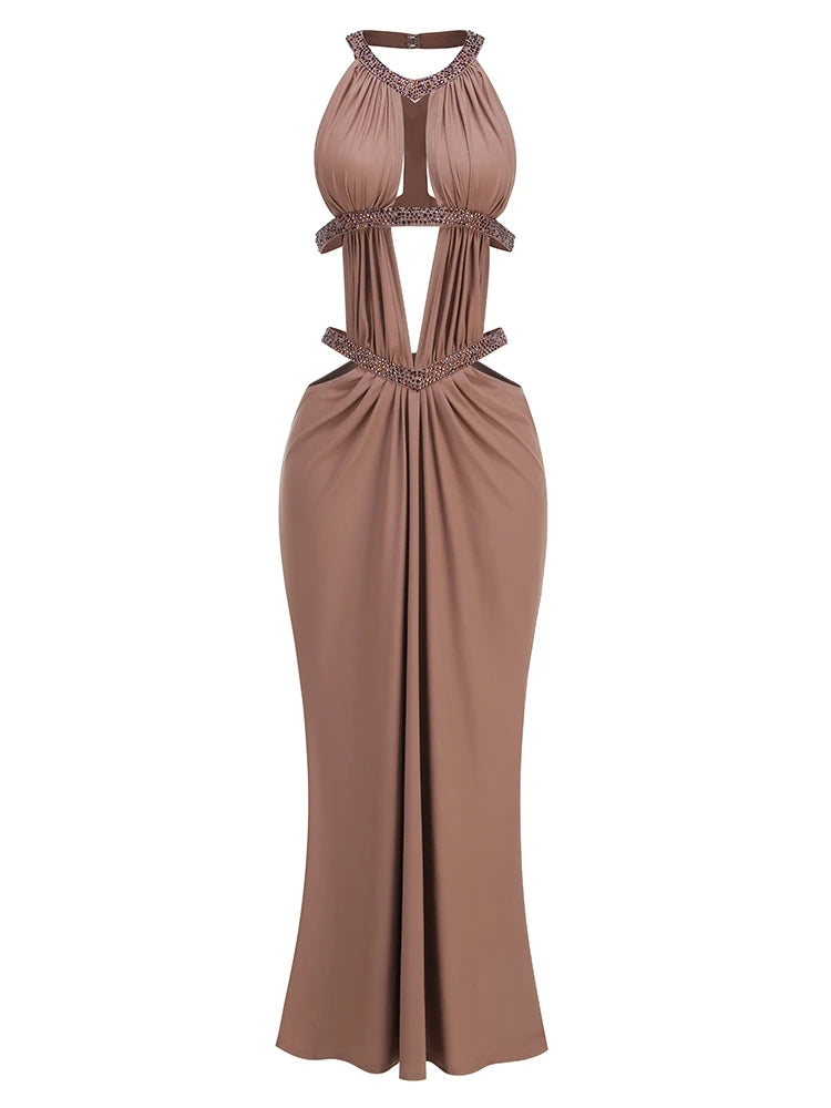 Sexy Straps Halter Neck Diamonds Cut Out Long Dress Women Browns Sleeveless Backless Slim Dresses Evening Party Cocktail Gowns
