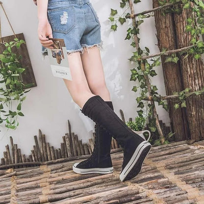 2025 New High Top Canvas Shoes for Women's Korean Edition Long Boot Lace-Up Zipper Comfortable Boot Zapatos De Mujer Tendencia