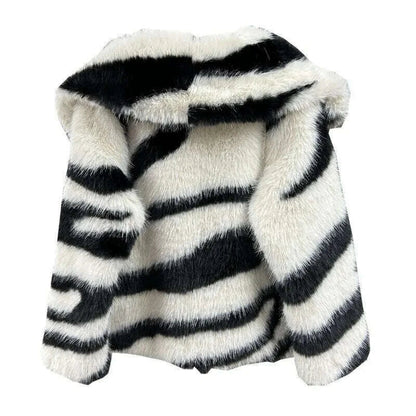 DEAT 2024 Winetr New Fashion Women's Faux Fur Coat Big Collar Contrast Color Striped Long Sleeve Wram Thick Jackets 29L8619