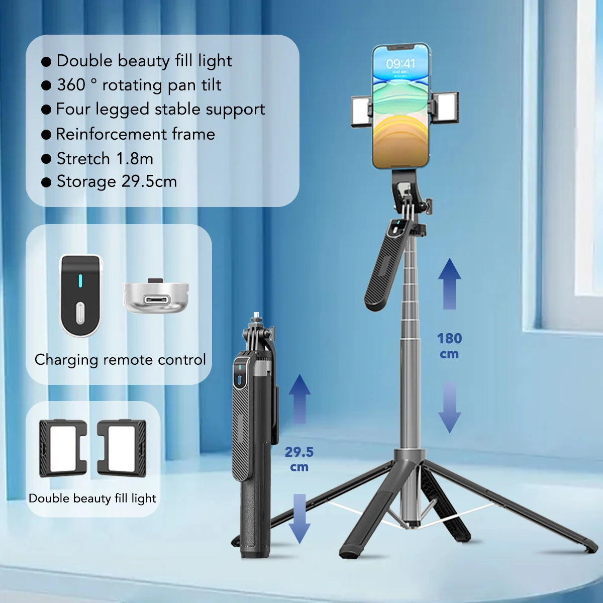 LISCN 180CM Selfie Stick Tripod  360 Rotation Portable Foldable Cell Phone Tripod Stand Stabilizer for Travel Video Photograph