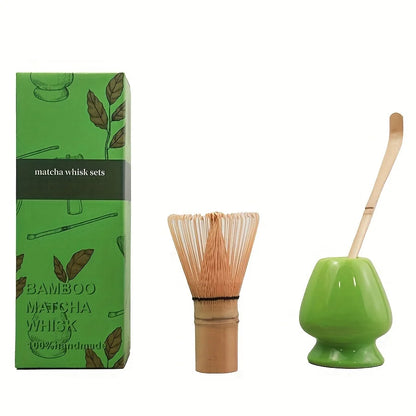 3pcs/set Matcha Set Bamboo Whisk Tea spoon Ceramic fittings Matcha Whisk (Chasen) Tea Spoon And Scoop (Chashaku) Tea-making Tool