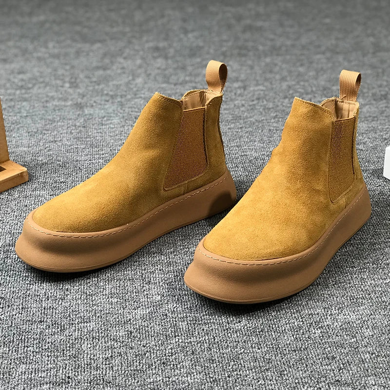 Men Thick Soled Suede Short Boots Retro Autumn Winter Comfortable  Fashionable Height Increasing Boots for Casual Young People