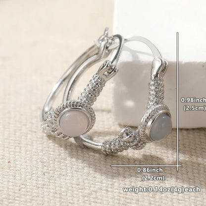 Bohemian Style Vintage Inlaid Synthetic Moonstone Hoop Earrings Women Elegant Silvery Plated Banquet Wedding Jewelry Accessories