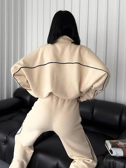 Zekye Women's Clothing Long-sleeved Semi-turtleneck Cardigan Sweater Strappy Striped Trousers Women's Suit Collection 2025 - Kimlud
