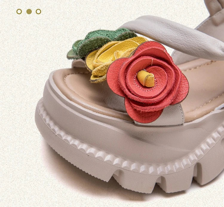 Koznoy 7cm Cow Genuine Leather Platform Wedge Women Summer Flower Slippers Pumps Hook Hollow Mary Jane Sandals Shoes Flats - Kimlud