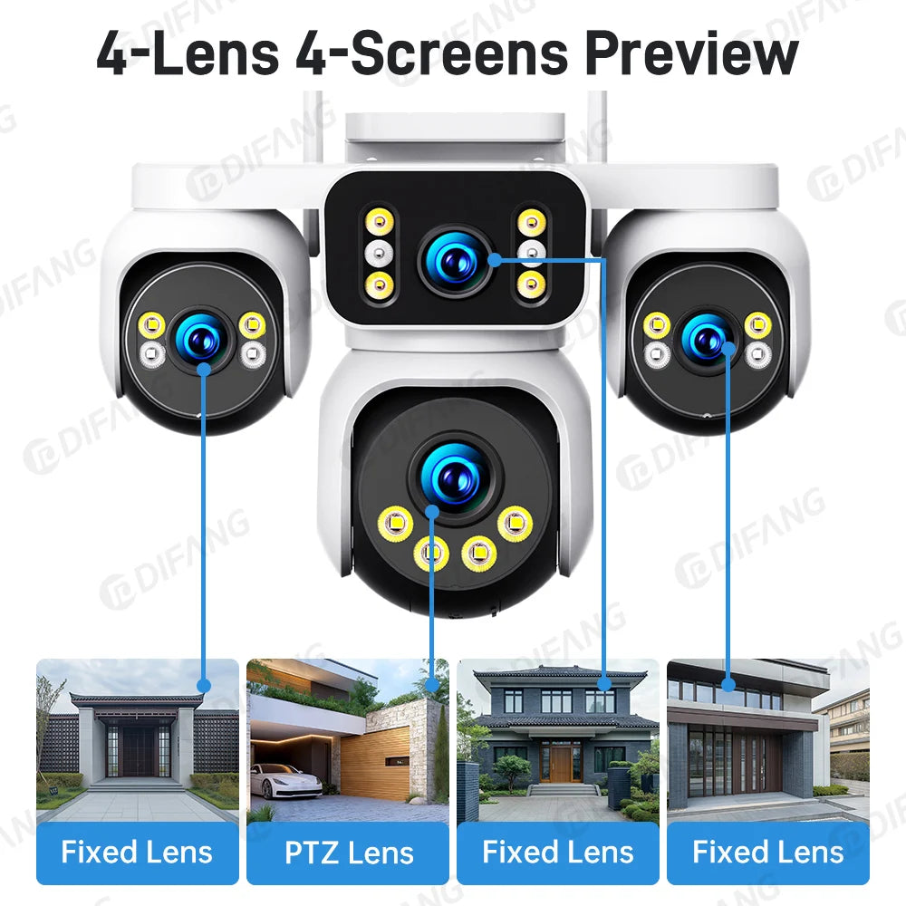 DiFang 20MP 10K 16X Zoom 4 Screens WiFi IP Camera Wireless Outdoor 4 Lens PTZ Human Auto Tracking Surveillance Cameras