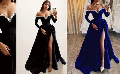 A-Line Evening Gown Black Dress Formal Masquerade Sweep Train Long Sleeve Off Shoulder Satin Pearls Slit 2025 Free Customized